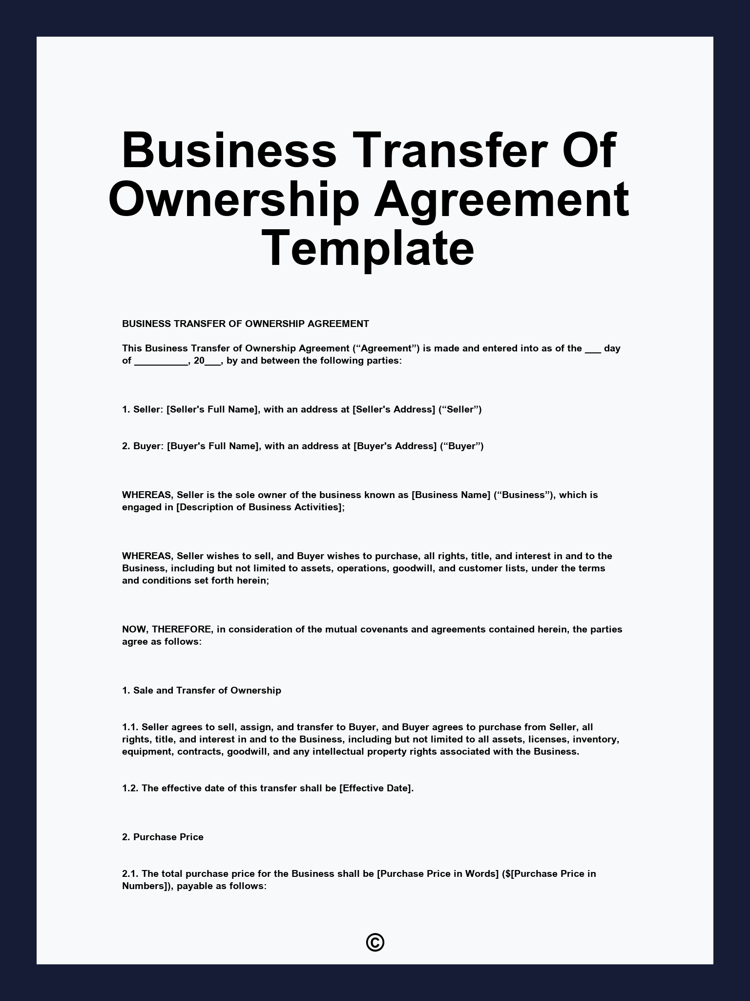 Business Transfer Of Ownership Agreement Template