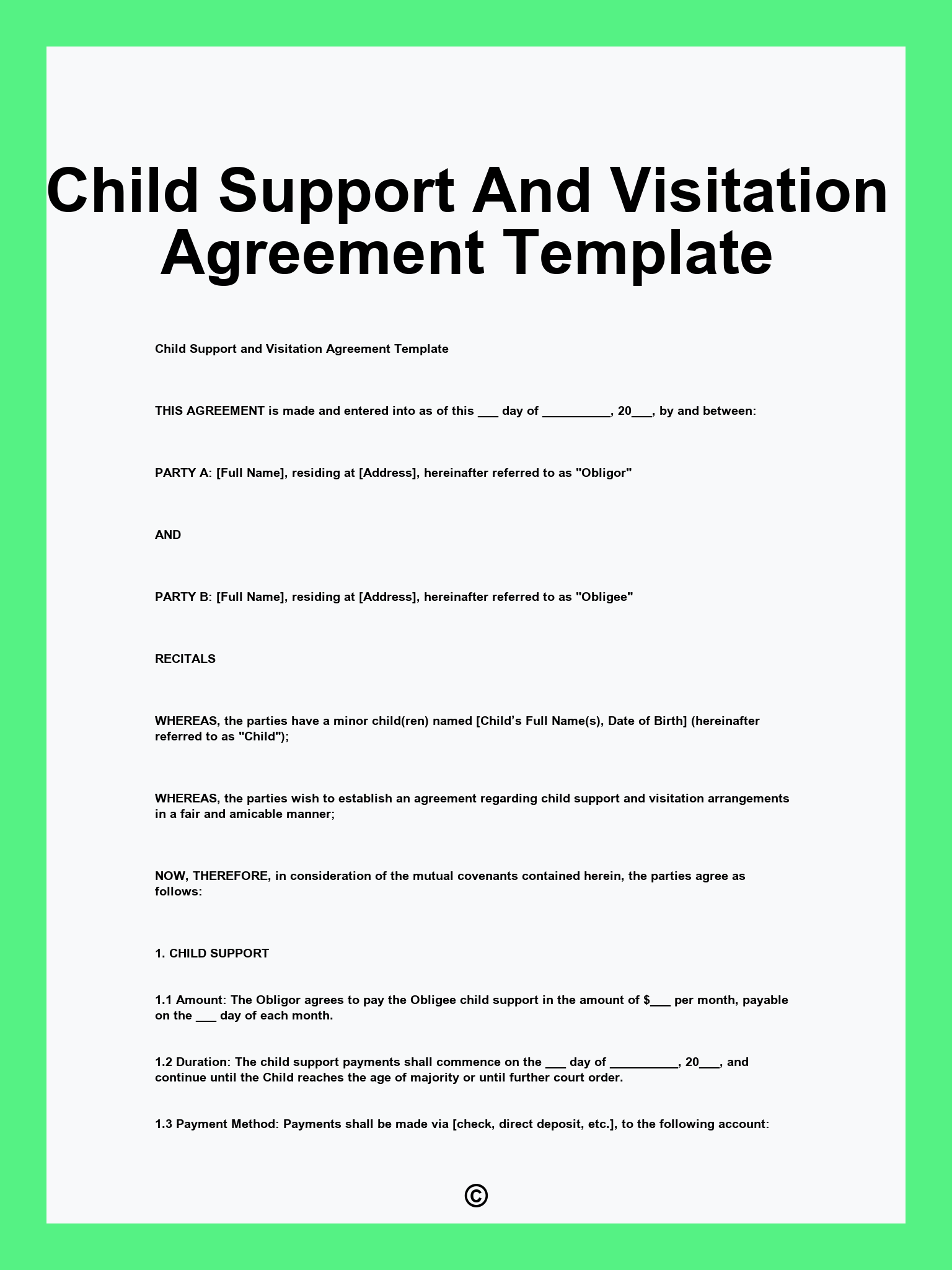 Child Support And Visitation Agreement Template