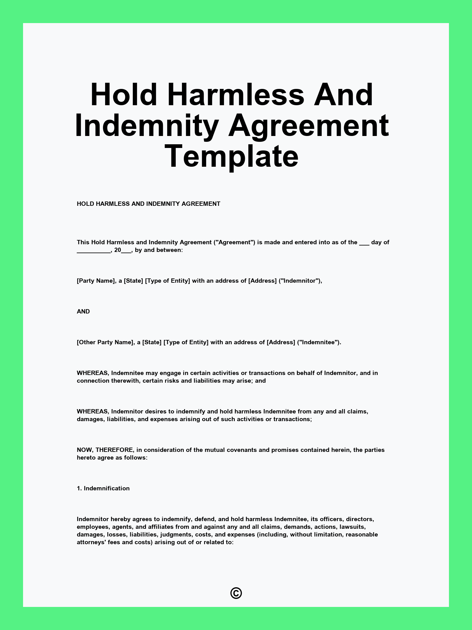 Hold Harmless And Indemnity Agreement Template