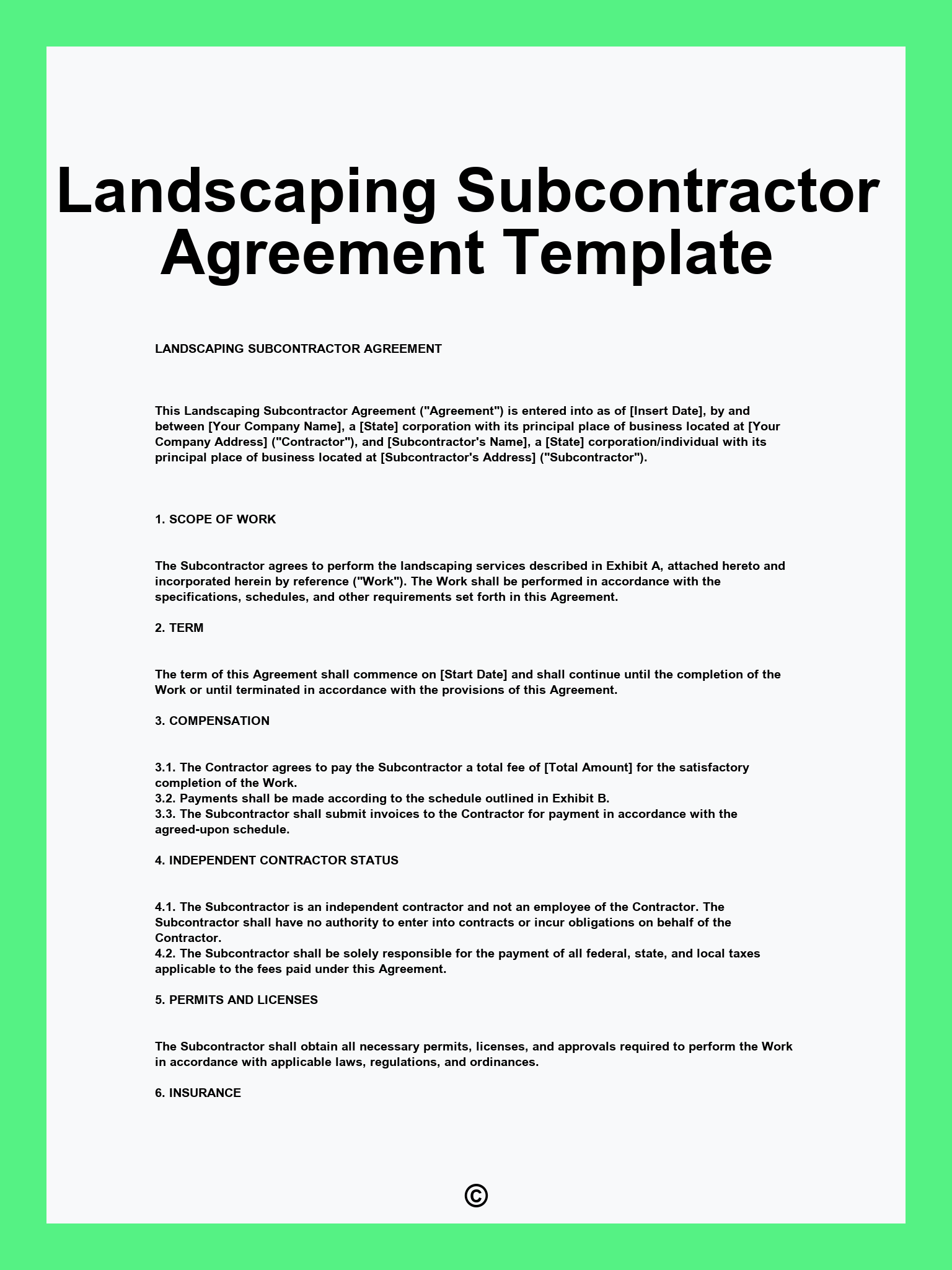 Landscaping Subcontractor Agreement Template