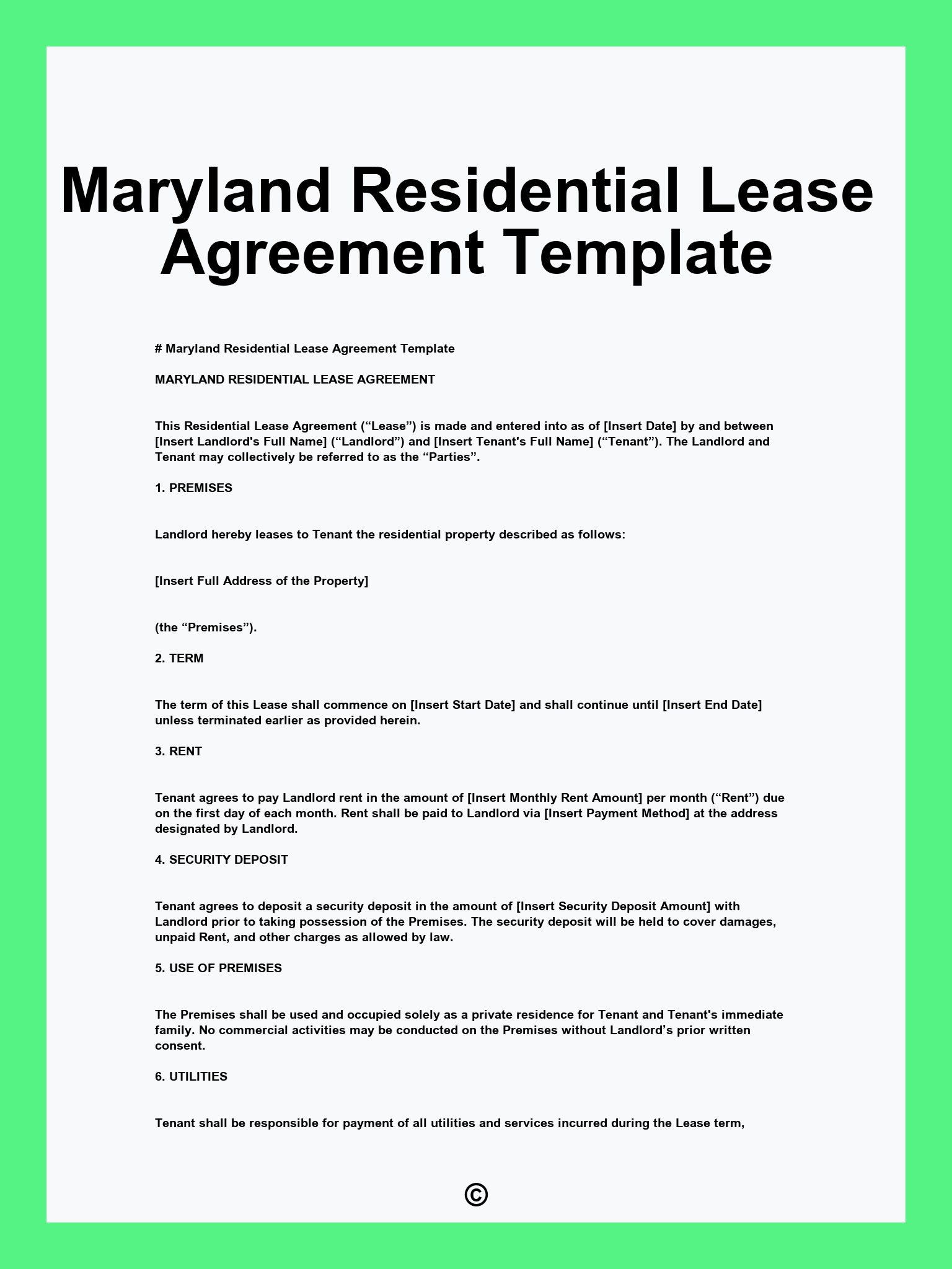 Maryland Residential Lease Agreement Template