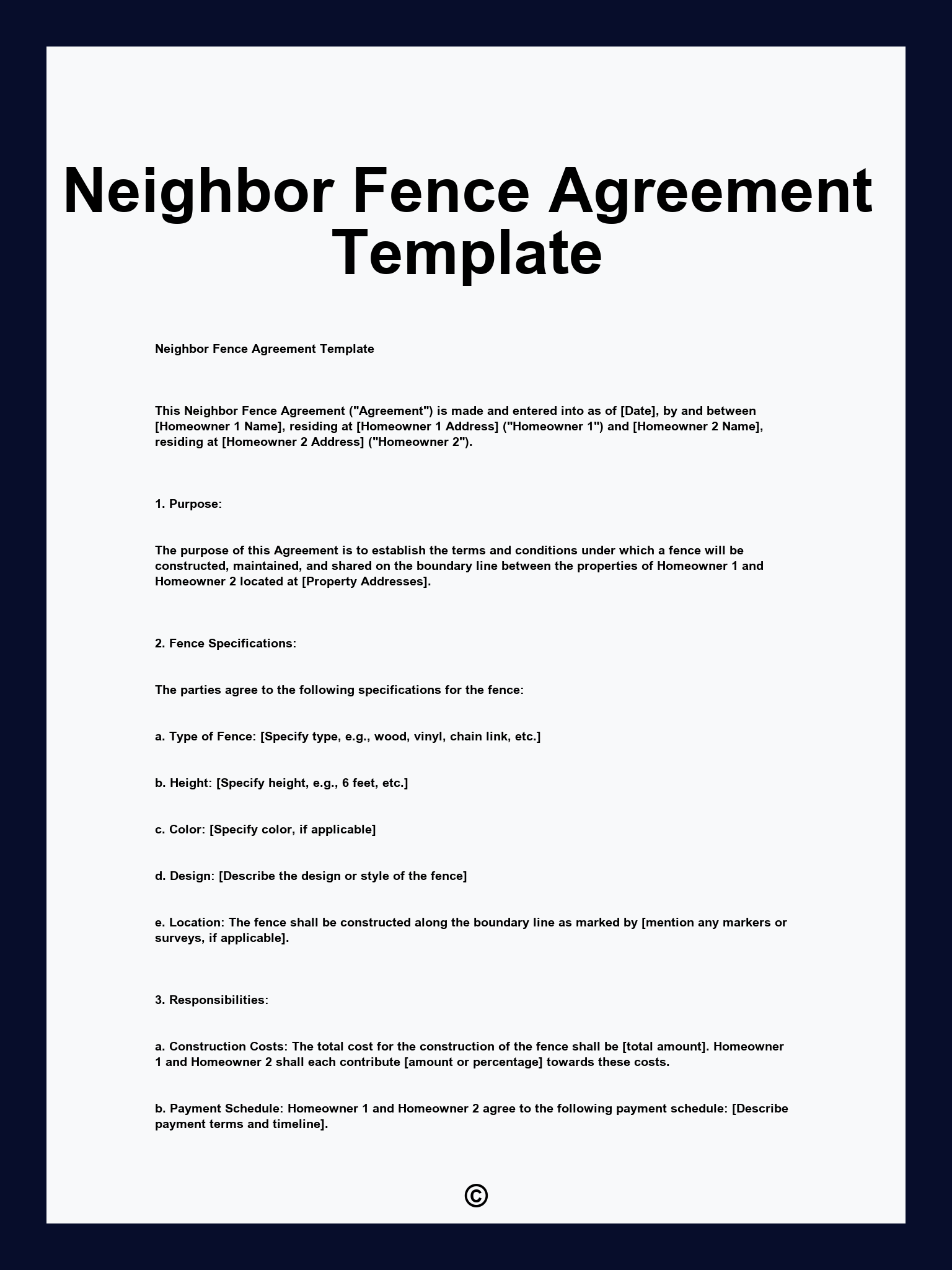 Neighbor Fence Agreement Template