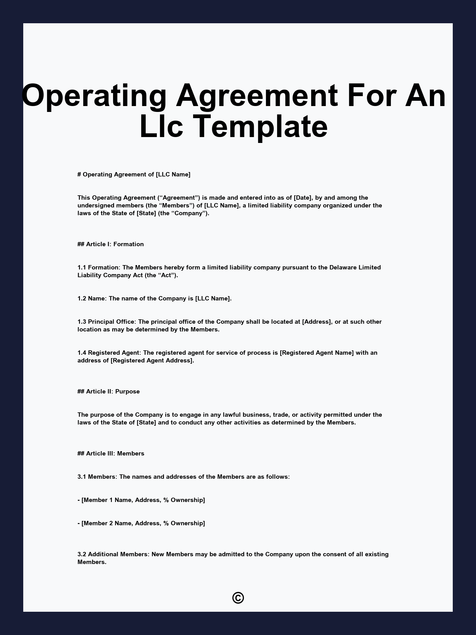 Operating Agreement For An Llc Template