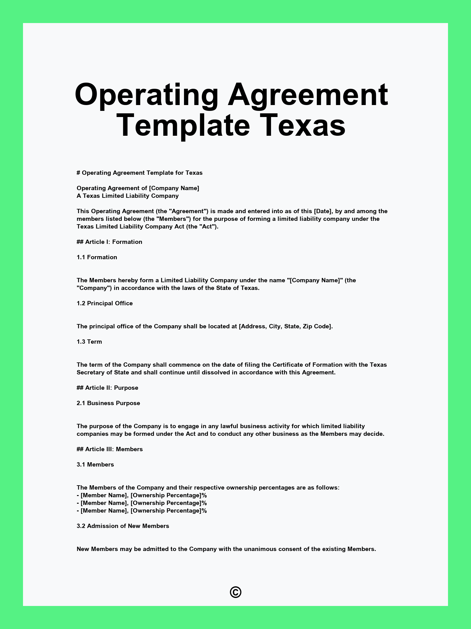 Operating Agreement Template Texas