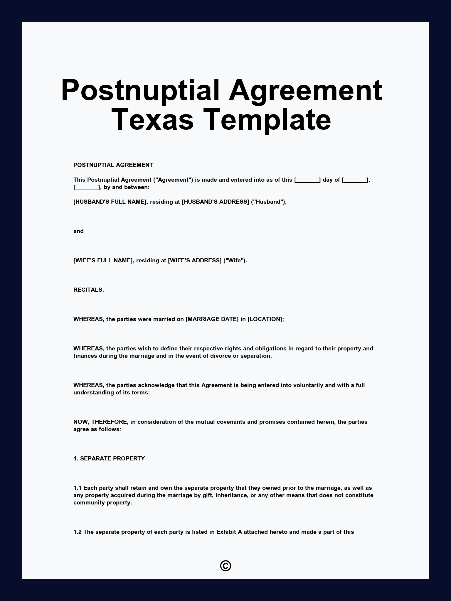 Postnuptial Agreement Texas Template