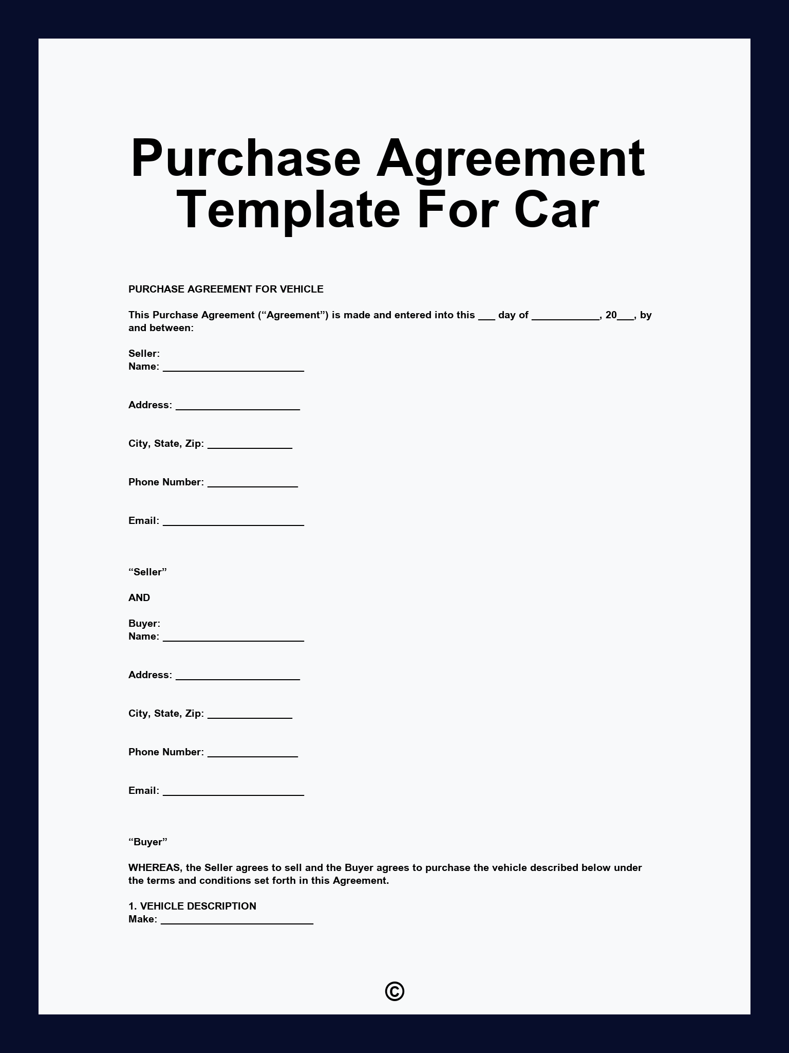 Purchase Agreement Template For Car