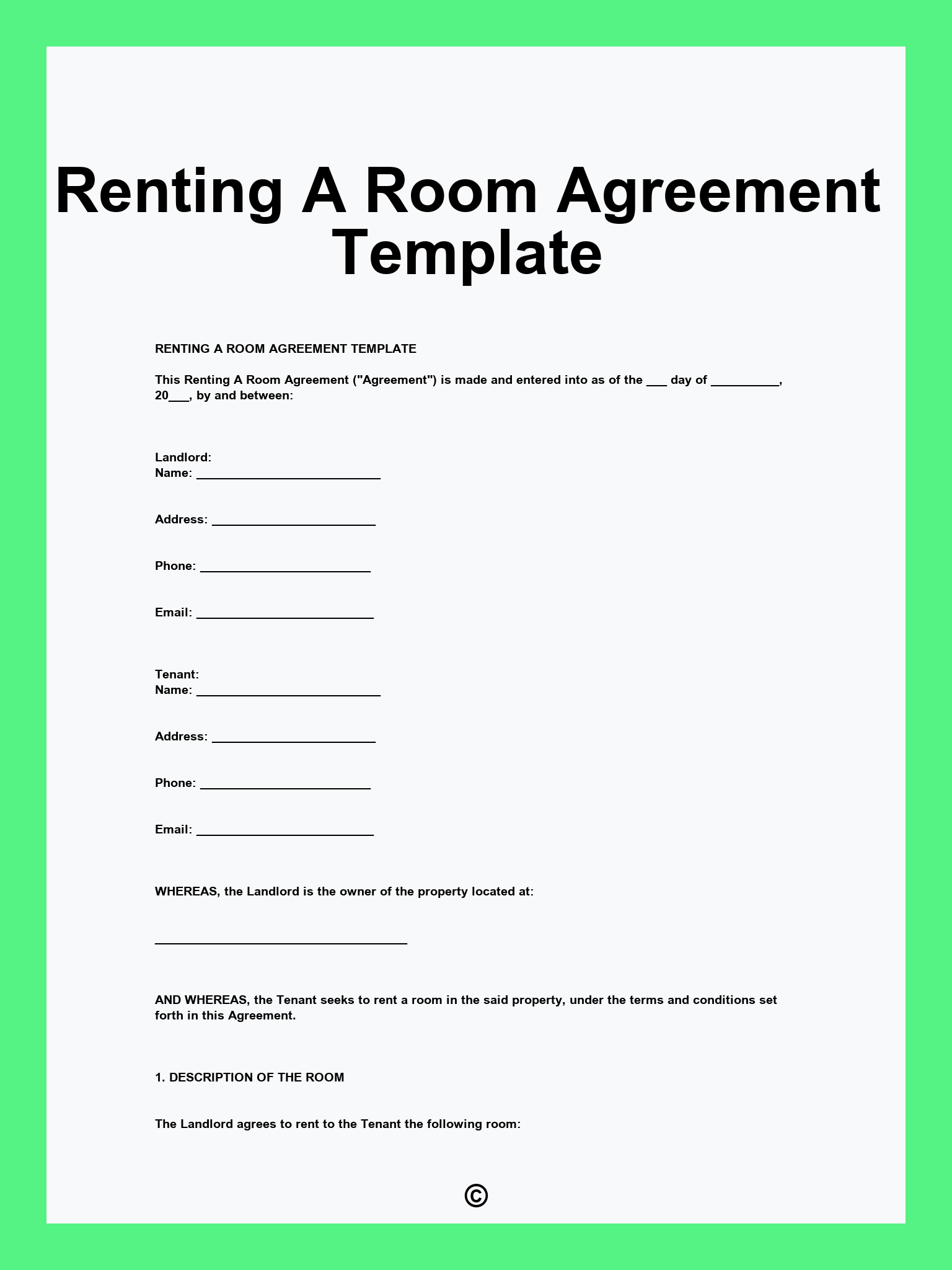 Renting A Room Agreement Template