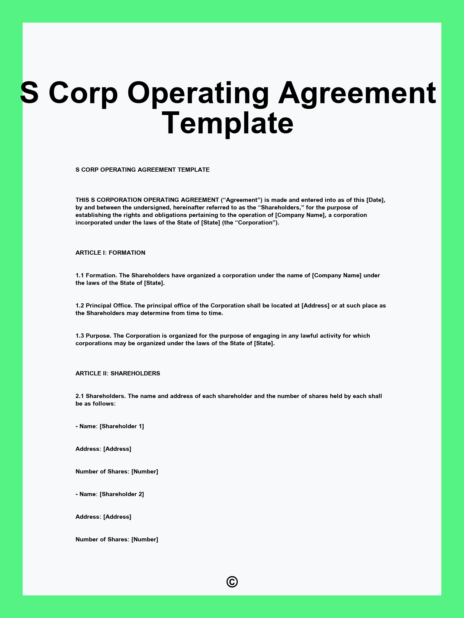 S Corp Operating Agreement Template